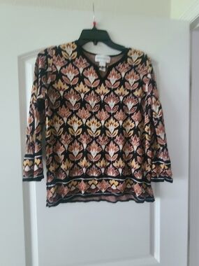 Alfred Dunner Black Knit Top with Rust & Mustard Floral Motif